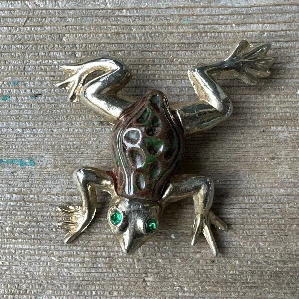 VTG Artisan Frog Brooch Pin 2 Inch Gold Tone Pave Green Crystal Eyes Handpainted